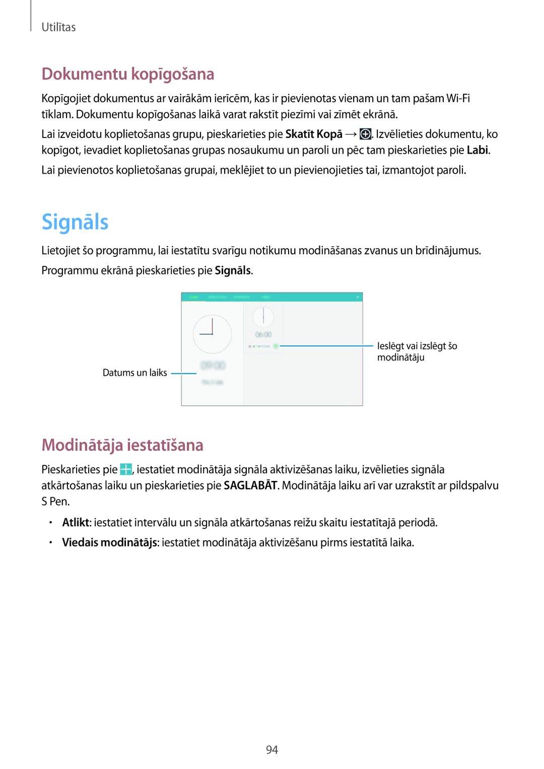 Samsung SM-P6000ZWASEB, SM-P6000ZWESEB, SM-P6000ZKASEB, SM-P6000ZKESEB Signāls, Dokumentu kopīgošana, Modinātāja iestatīšana 