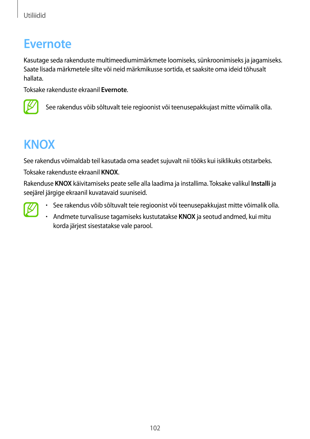 Samsung SM-P6000ZWASEB, SM-P6000ZWESEB, SM-P6000ZKASEB, SM-P6000ZKESEB manual Evernote, Knox 