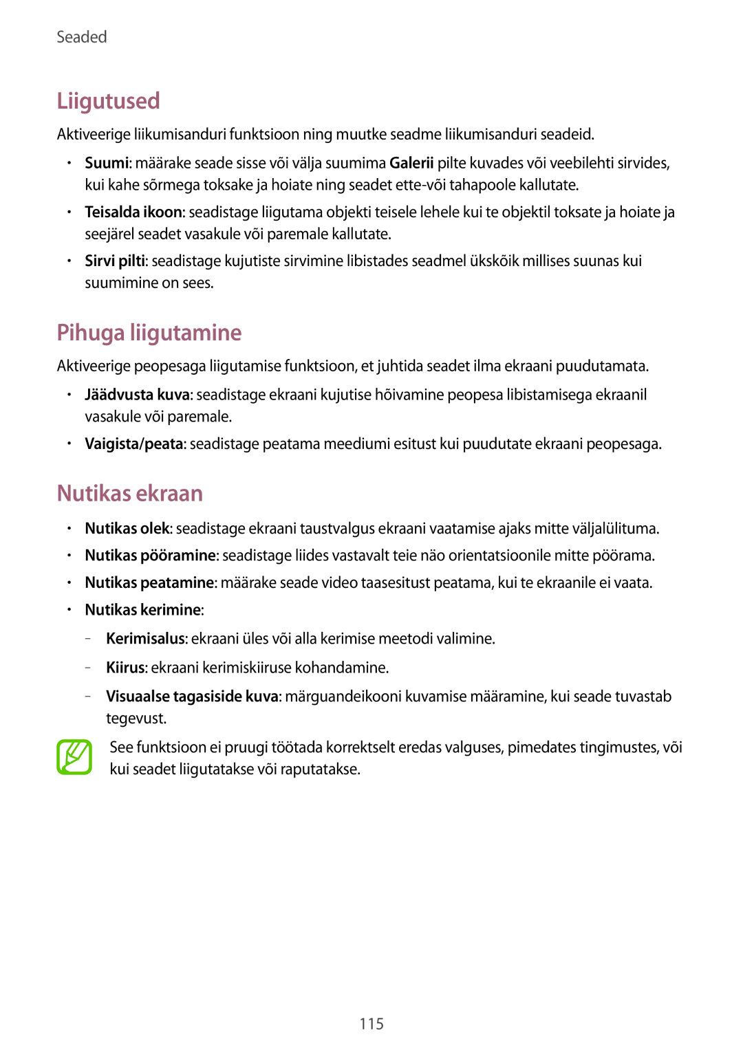 Samsung SM-P6000ZKESEB, SM-P6000ZWESEB, SM-P6000ZKASEB, SM-P6000ZWASEB manual Liigutused, Pihuga liigutamine, Nutikas ekraan 