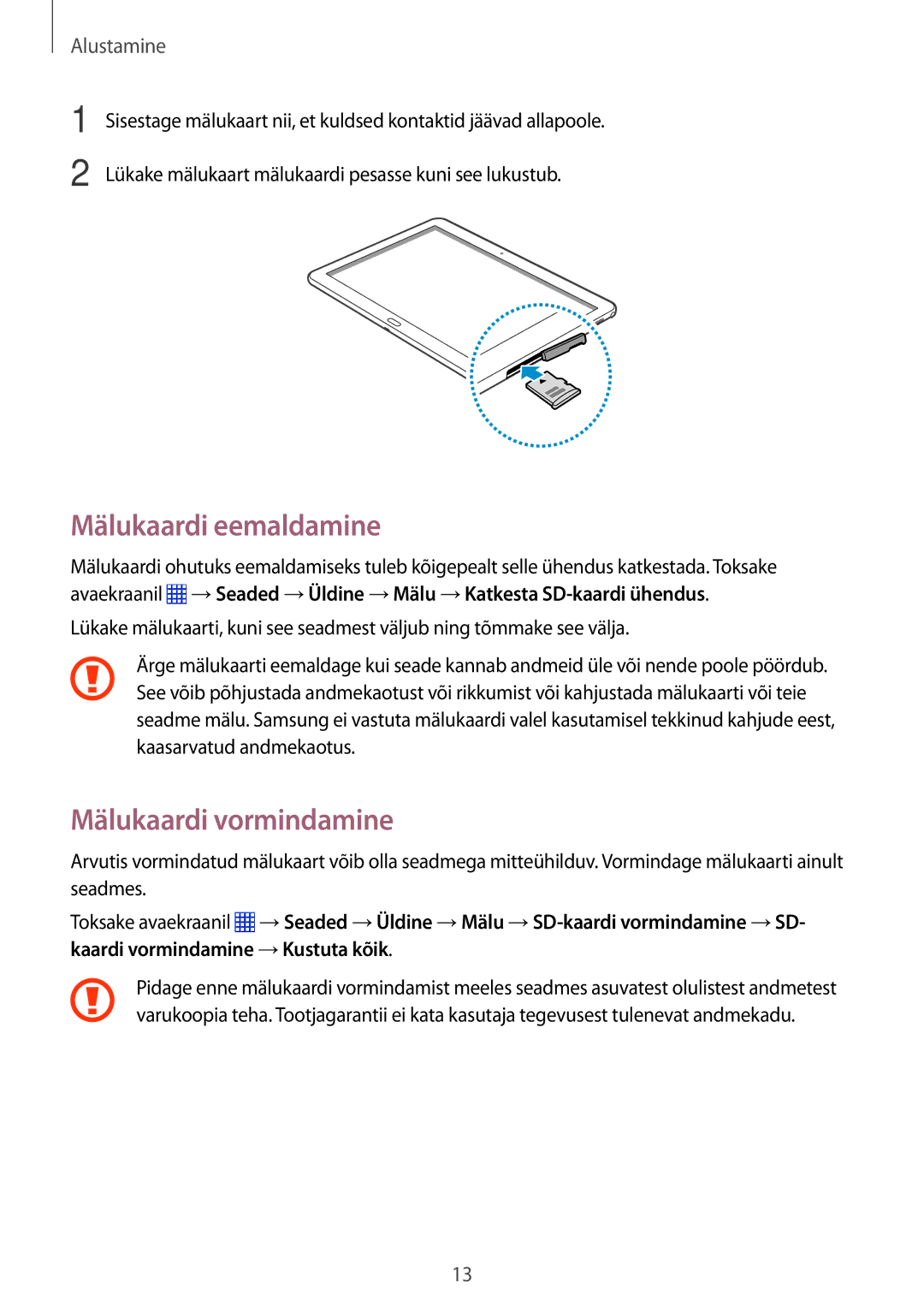 Samsung SM-P6000ZKASEB, SM-P6000ZWESEB, SM-P6000ZWASEB, SM-P6000ZKESEB manual Mälukaardi eemaldamine, Mälukaardi vormindamine 