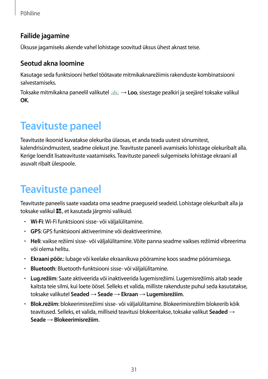 Samsung SM-P6000ZKESEB, SM-P6000ZWESEB, SM-P6000ZKASEB manual Teavituste paneel, Failide jagamine, Seotud akna loomine 