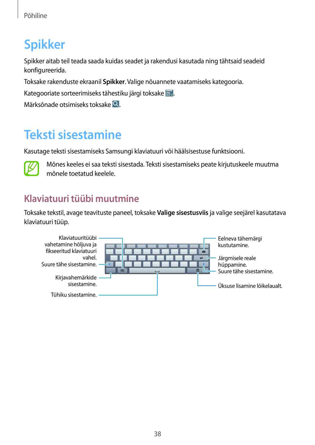 Samsung SM-P6000ZWASEB, SM-P6000ZWESEB, SM-P6000ZKASEB manual Spikker, Teksti sisestamine, Klaviatuuri tüübi muutmine 