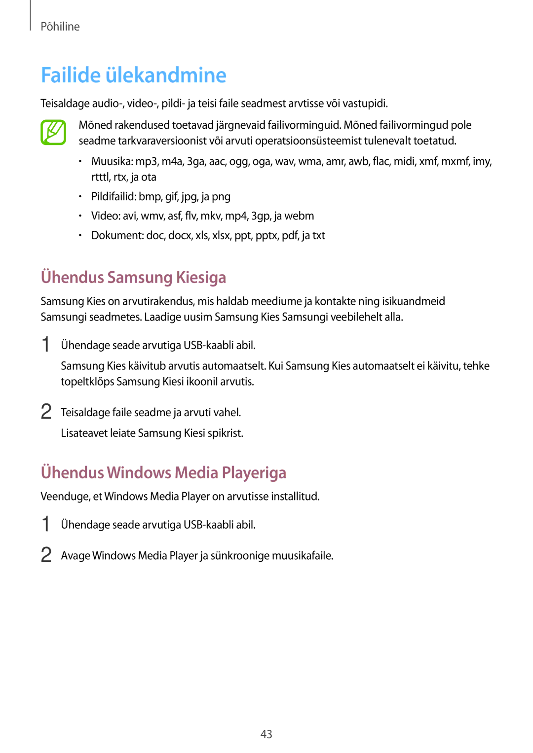 Samsung SM-P6000ZKESEB, SM-P6000ZWESEB manual Failide ülekandmine, Ühendus Samsung Kiesiga, Ühendus Windows Media Playeriga 