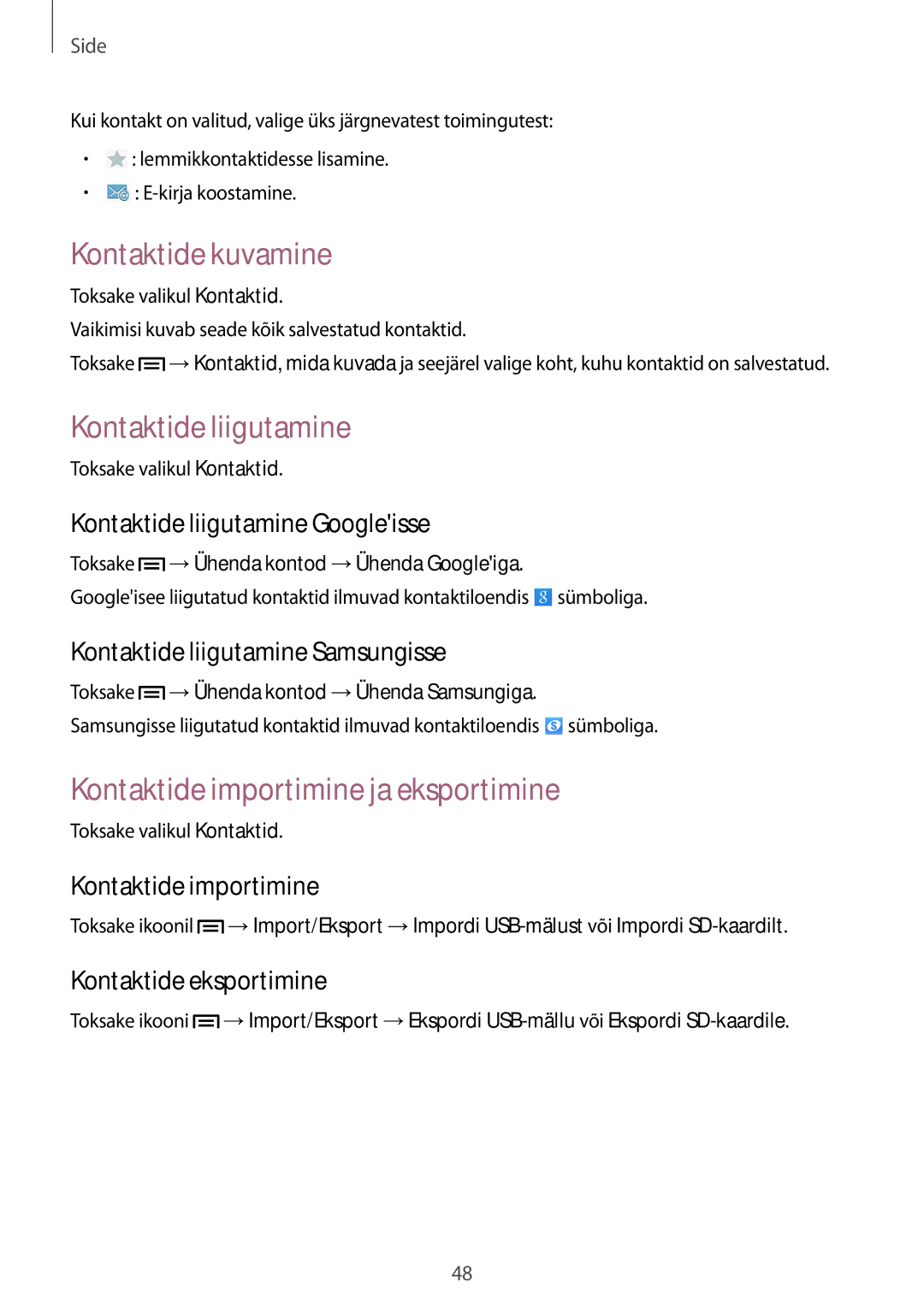 Samsung SM-P6000ZWESEB, SM-P6000ZKASEB Kontaktide kuvamine, Kontaktide liigutamine, Kontaktide importimine ja eksportimine 