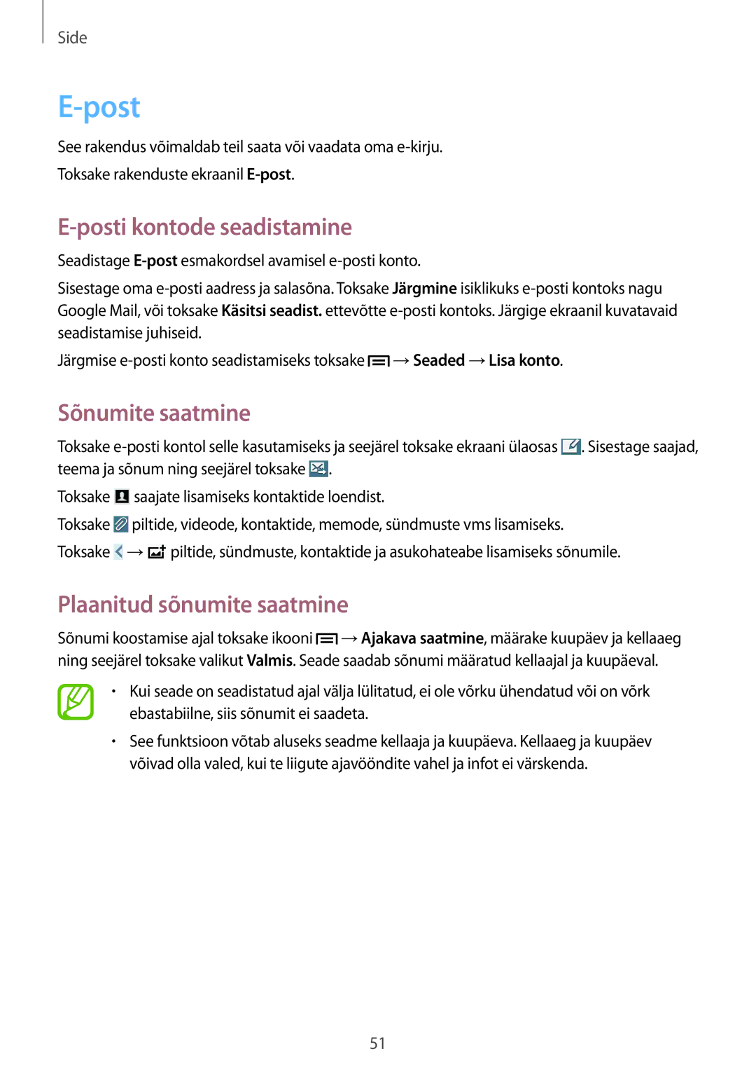 Samsung SM-P6000ZKESEB, SM-P6000ZWESEB manual Posti kontode seadistamine, Sõnumite saatmine, Plaanitud sõnumite saatmine 