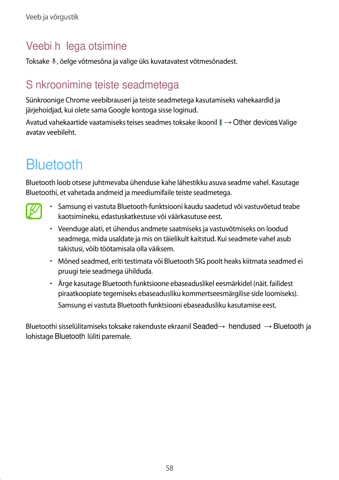 Samsung SM-P6000ZWASEB, SM-P6000ZWESEB, SM-P6000ZKASEB, SM-P6000ZKESEB manual Bluetooth, Sünkroonimine teiste seadmetega 