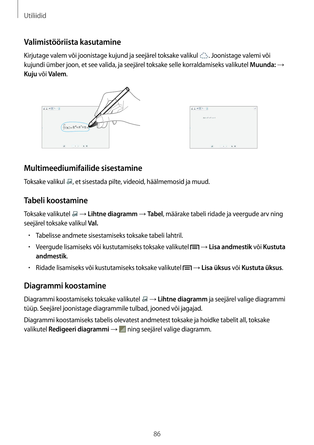 Samsung SM-P6000ZWASEB, SM-P6000ZWESEB Valimistööriista kasutamine, Multimeediumifailide sisestamine, Tabeli koostamine 