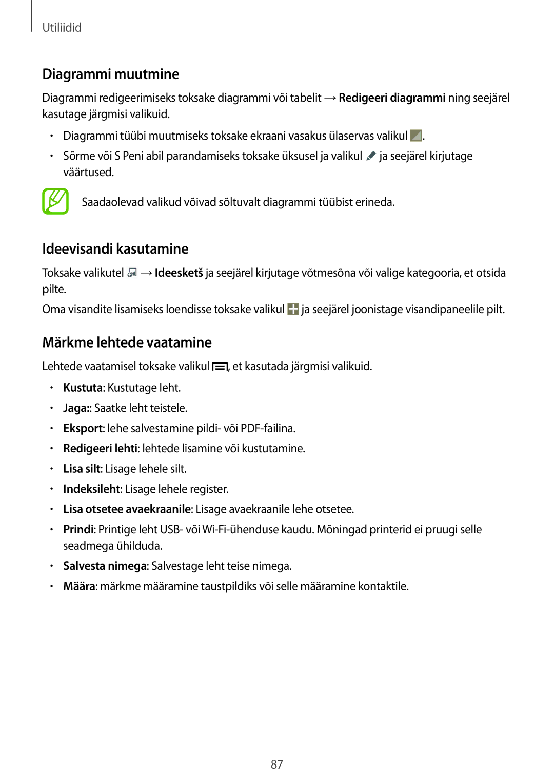 Samsung SM-P6000ZKESEB, SM-P6000ZWESEB, SM-P6000ZKASEB Diagrammi muutmine, Ideevisandi kasutamine, Märkme lehtede vaatamine 