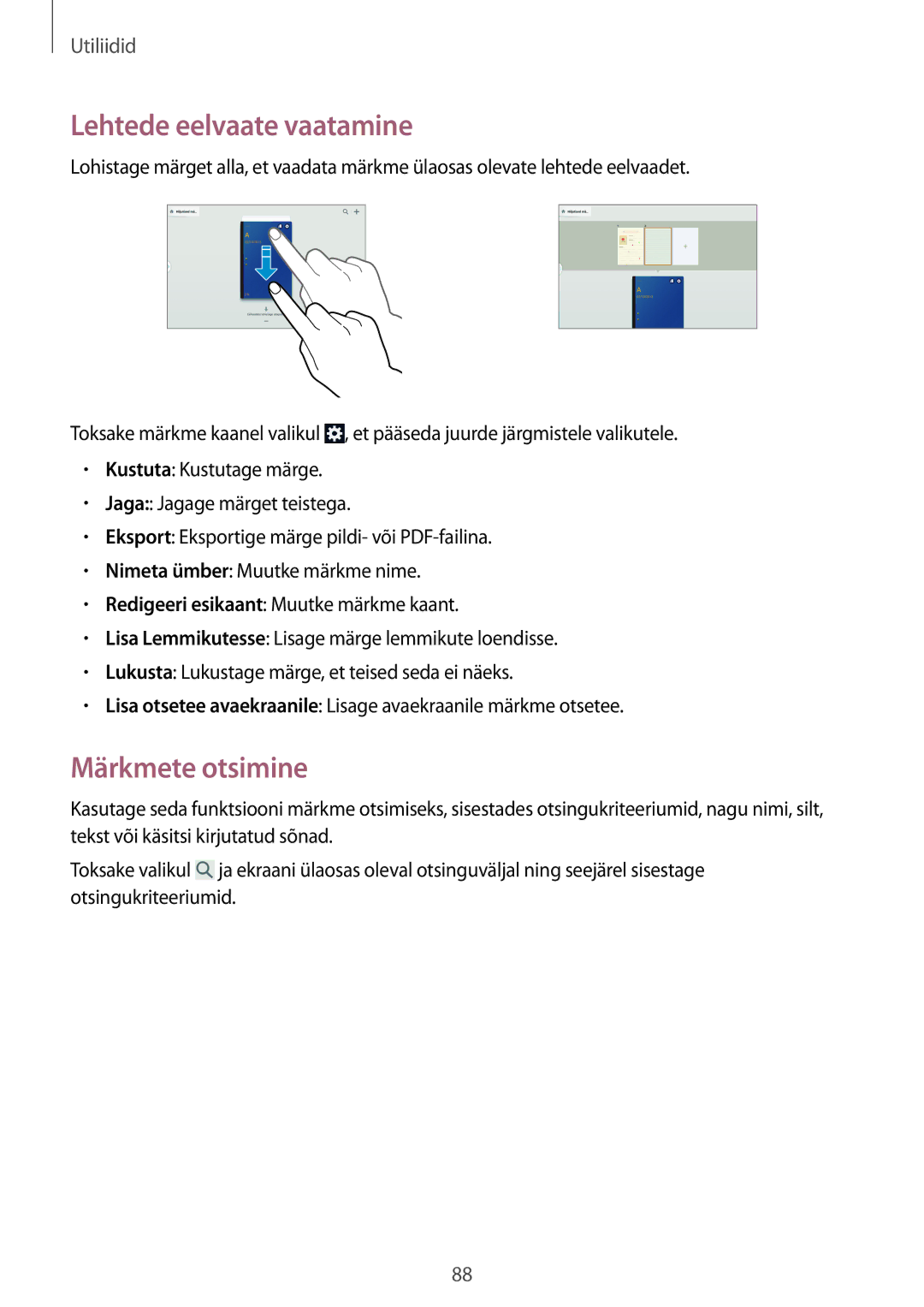 Samsung SM-P6000ZWESEB, SM-P6000ZKASEB, SM-P6000ZWASEB, SM-P6000ZKESEB manual Lehtede eelvaate vaatamine, Märkmete otsimine 