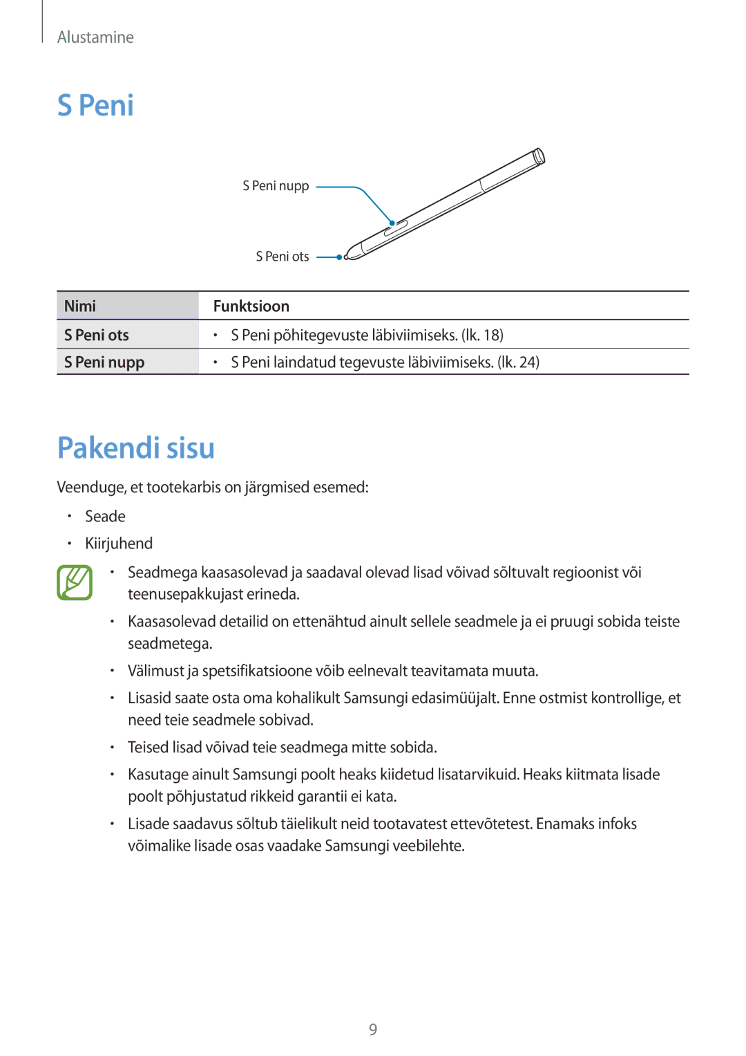 Samsung SM-P6000ZKASEB, SM-P6000ZWESEB, SM-P6000ZWASEB, SM-P6000ZKESEB manual Peni, Pakendi sisu 