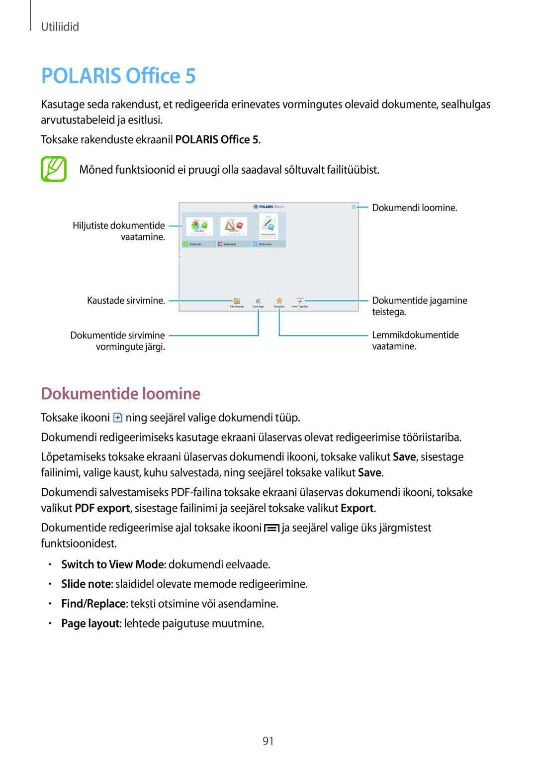 Samsung SM-P6000ZKESEB, SM-P6000ZWESEB, SM-P6000ZKASEB, SM-P6000ZWASEB manual Polaris Office, Dokumentide loomine 