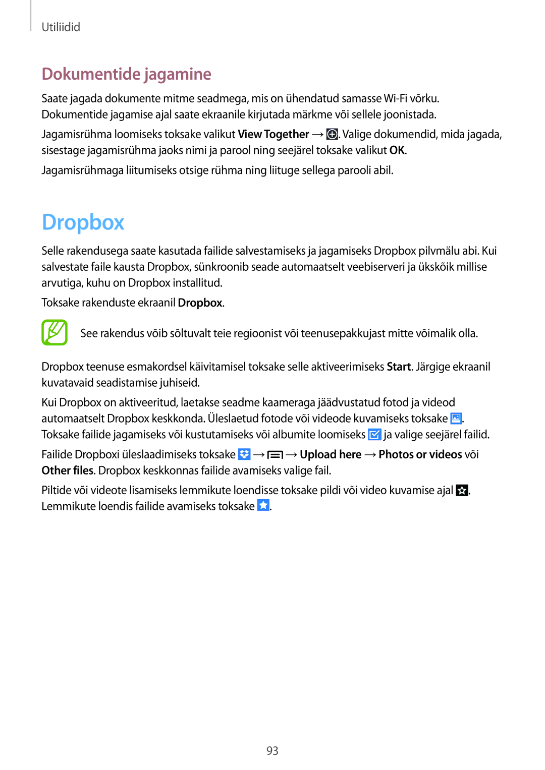 Samsung SM-P6000ZKASEB, SM-P6000ZWESEB, SM-P6000ZWASEB, SM-P6000ZKESEB manual Dropbox, Dokumentide jagamine 