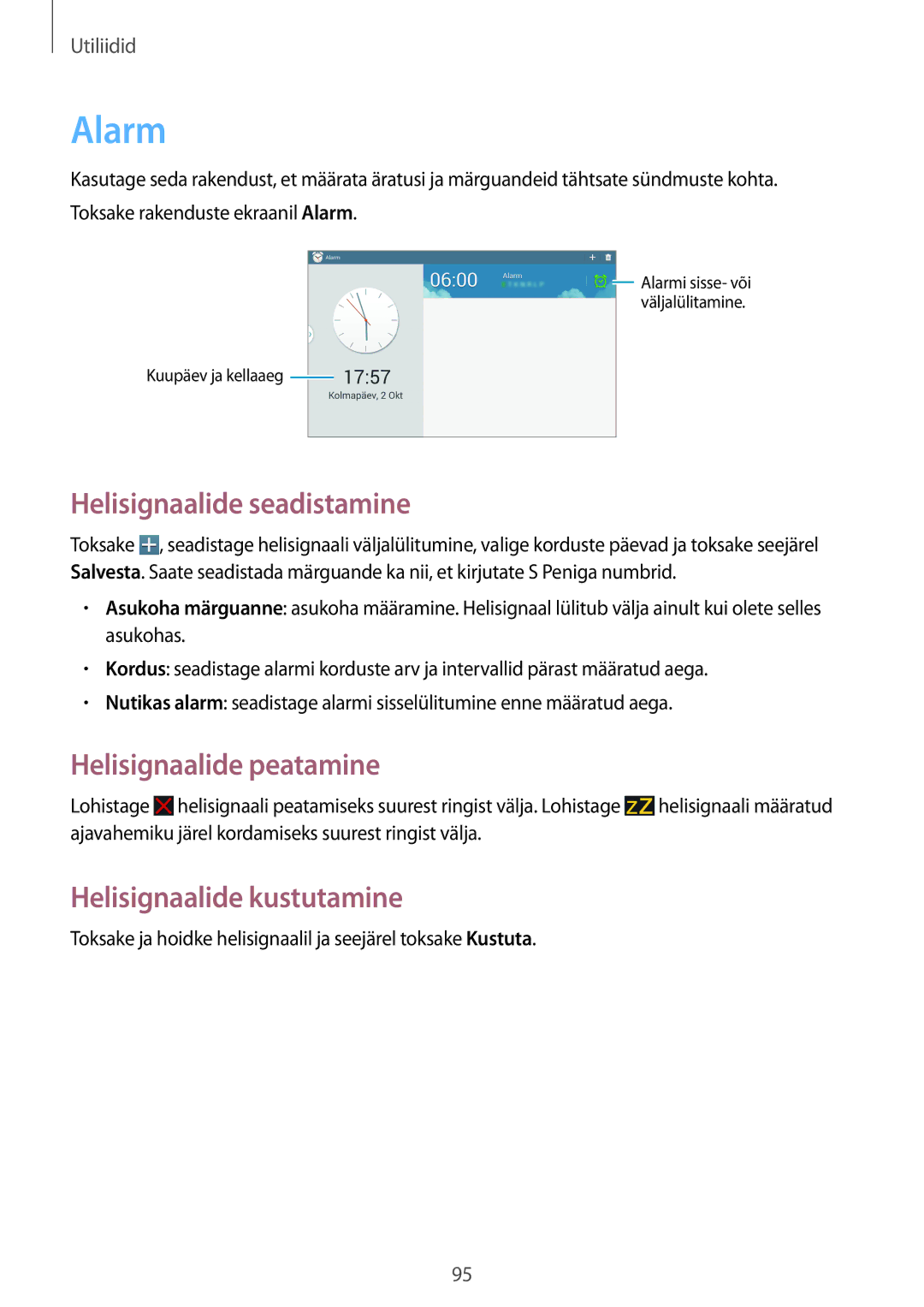 Samsung SM-P6000ZKESEB manual Alarm, Helisignaalide seadistamine, Helisignaalide peatamine, Helisignaalide kustutamine 