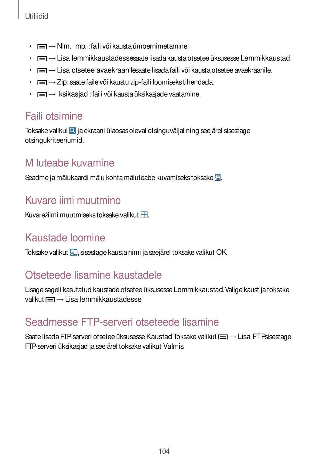 Samsung SM-P6000ZWESEB, SM-P6000ZKASEB manual Faili otsimine, Mäluteabe kuvamine, Kuvarežiimi muutmine, Kaustade loomine 