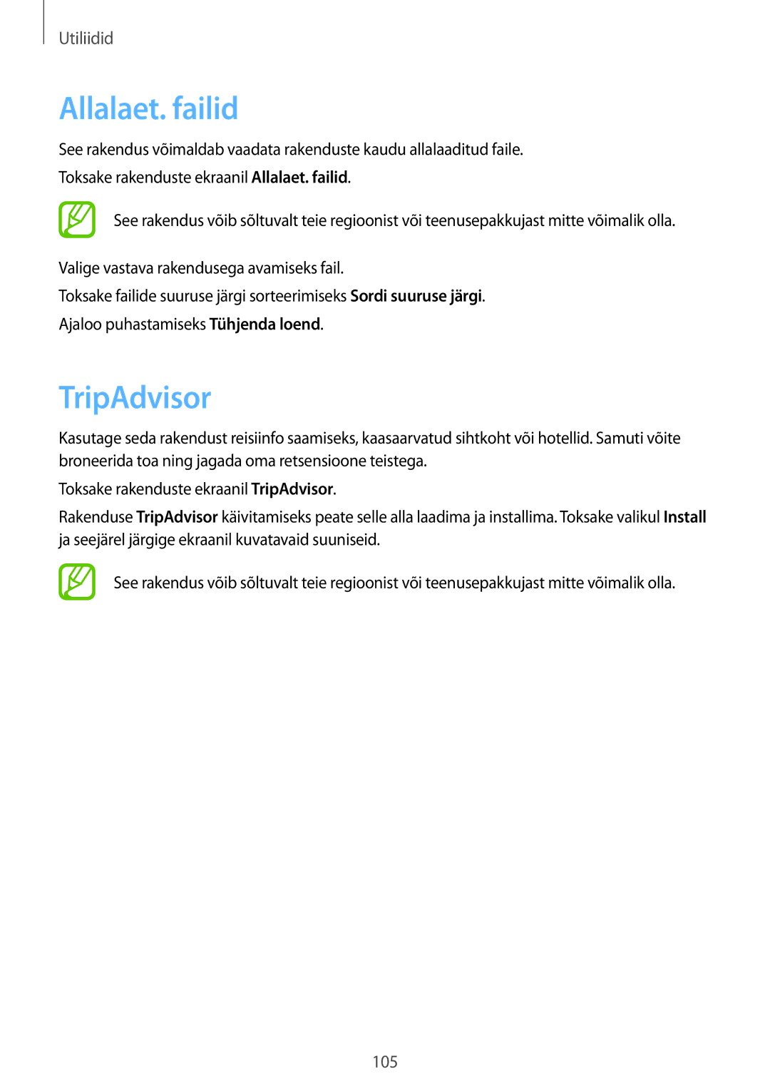 Samsung SM-P6000ZKASEB, SM-P6000ZWESEB, SM-P6000ZWASEB, SM-P6000ZKESEB manual Allalaet. failid, TripAdvisor 