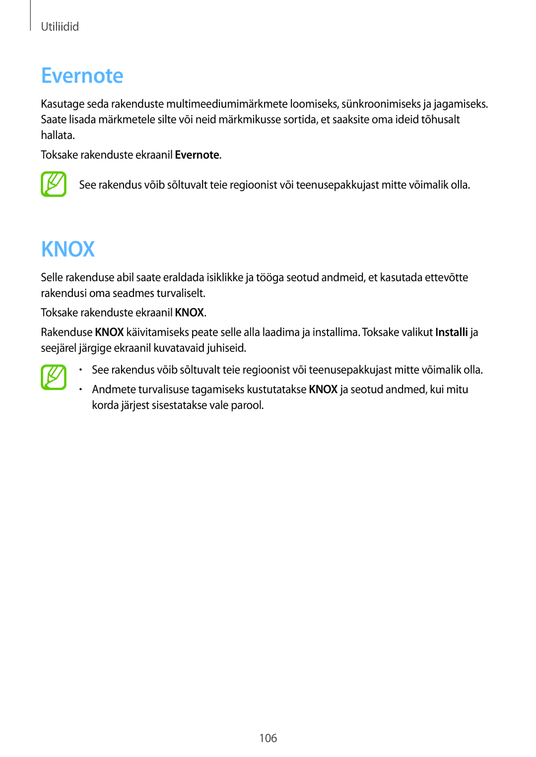 Samsung SM-P6000ZWASEB, SM-P6000ZWESEB, SM-P6000ZKASEB, SM-P6000ZKESEB manual Evernote, Knox 