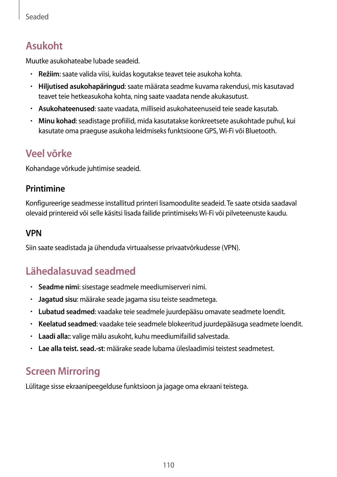 Samsung SM-P6000ZWASEB, SM-P6000ZWESEB manual Asukoht, Veel võrke, Lähedalasuvad seadmed, Screen Mirroring, Printimine 