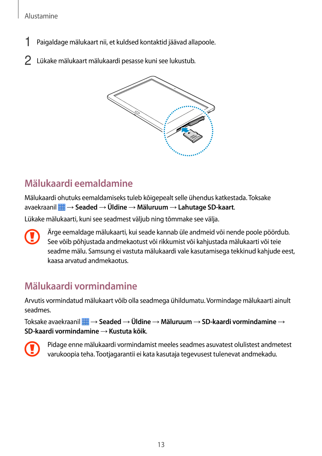 Samsung SM-P6000ZKASEB, SM-P6000ZWESEB, SM-P6000ZWASEB, SM-P6000ZKESEB manual Mälukaardi eemaldamine, Mälukaardi vormindamine 