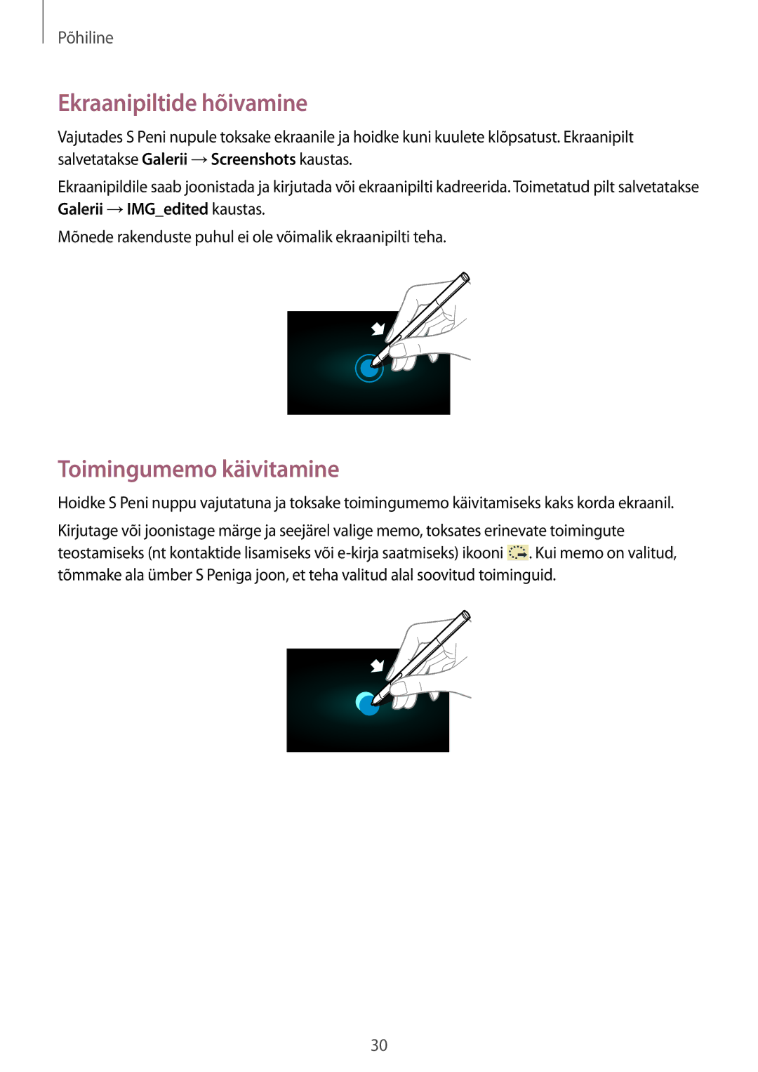 Samsung SM-P6000ZWASEB, SM-P6000ZWESEB, SM-P6000ZKASEB, SM-P6000ZKESEB Ekraanipiltide hõivamine, Toimingumemo käivitamine 