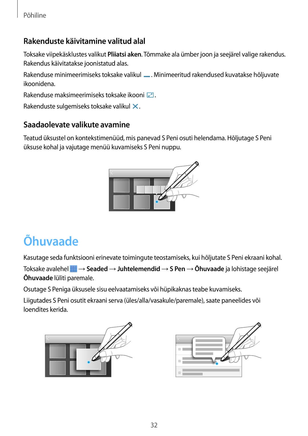 Samsung SM-P6000ZWESEB, SM-P6000ZKASEB manual Õhuvaade, Rakenduste käivitamine valitud alal, Saadaolevate valikute avamine 