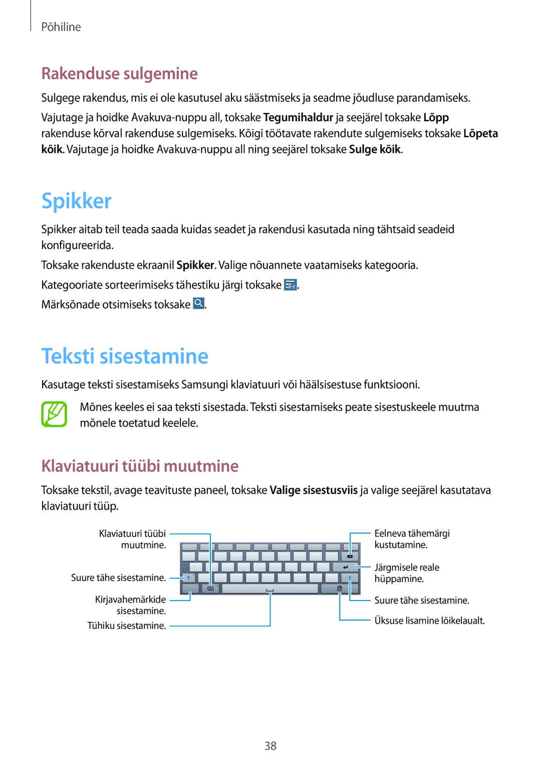 Samsung SM-P6000ZWASEB, SM-P6000ZWESEB manual Spikker, Teksti sisestamine, Rakenduse sulgemine, Klaviatuuri tüübi muutmine 