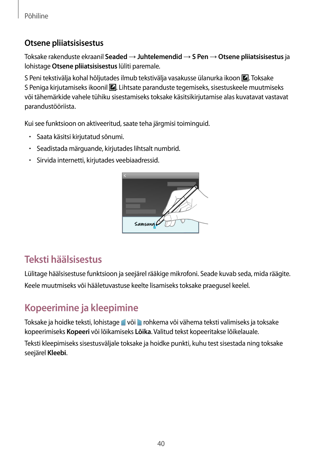 Samsung SM-P6000ZWESEB, SM-P6000ZKASEB manual Teksti häälsisestus, Kopeerimine ja kleepimine, Otsene pliiatsisisestus 