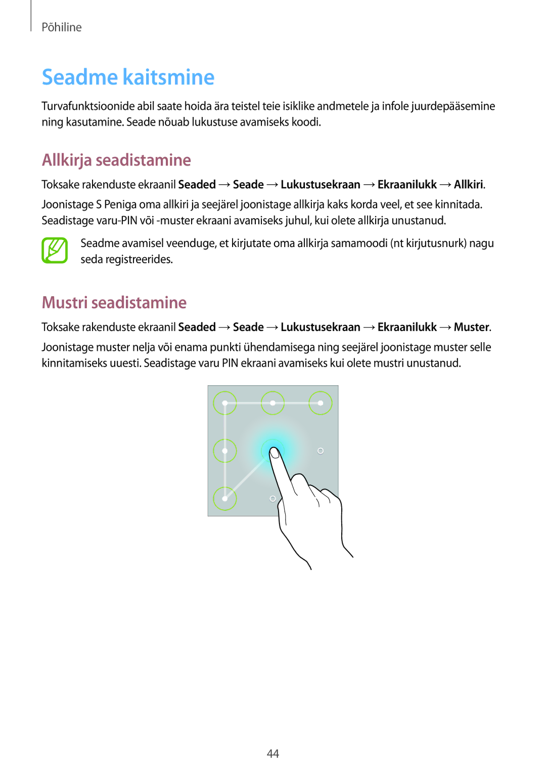 Samsung SM-P6000ZWESEB, SM-P6000ZKASEB, SM-P6000ZWASEB manual Seadme kaitsmine, Allkirja seadistamine, Mustri seadistamine 