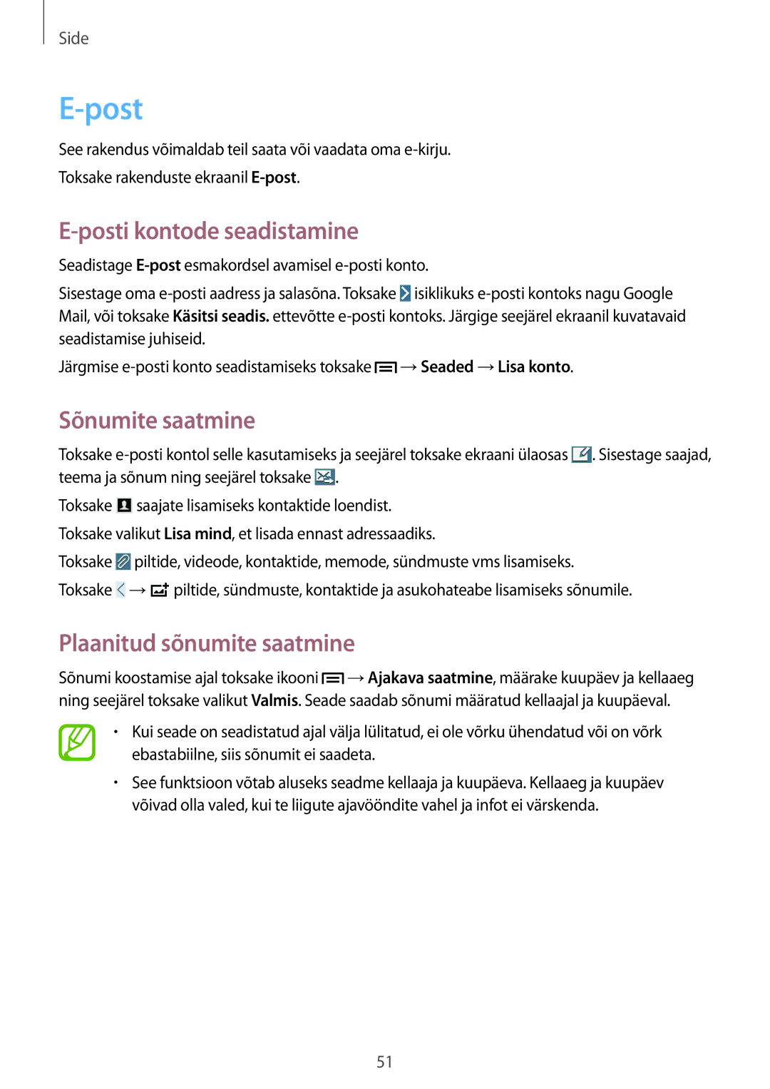 Samsung SM-P6000ZKESEB, SM-P6000ZWESEB manual Posti kontode seadistamine, Sõnumite saatmine, Plaanitud sõnumite saatmine 