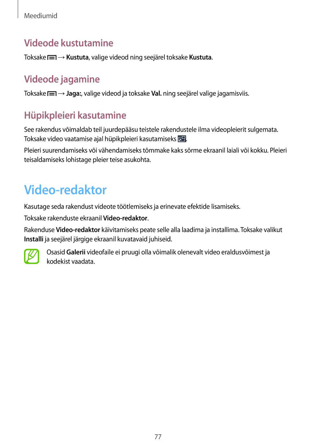 Samsung SM-P6000ZKASEB, SM-P6000ZWESEB manual Video-redaktor, Videode kustutamine, Videode jagamine, Hüpikpleieri kasutamine 