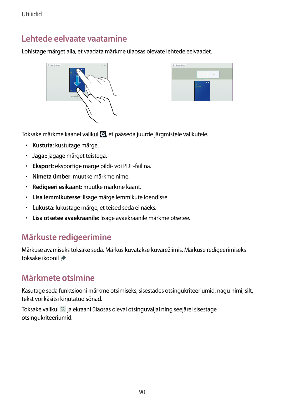 Samsung SM-P6000ZWASEB, SM-P6000ZWESEB manual Lehtede eelvaate vaatamine, Märkuste redigeerimine, Märkmete otsimine 