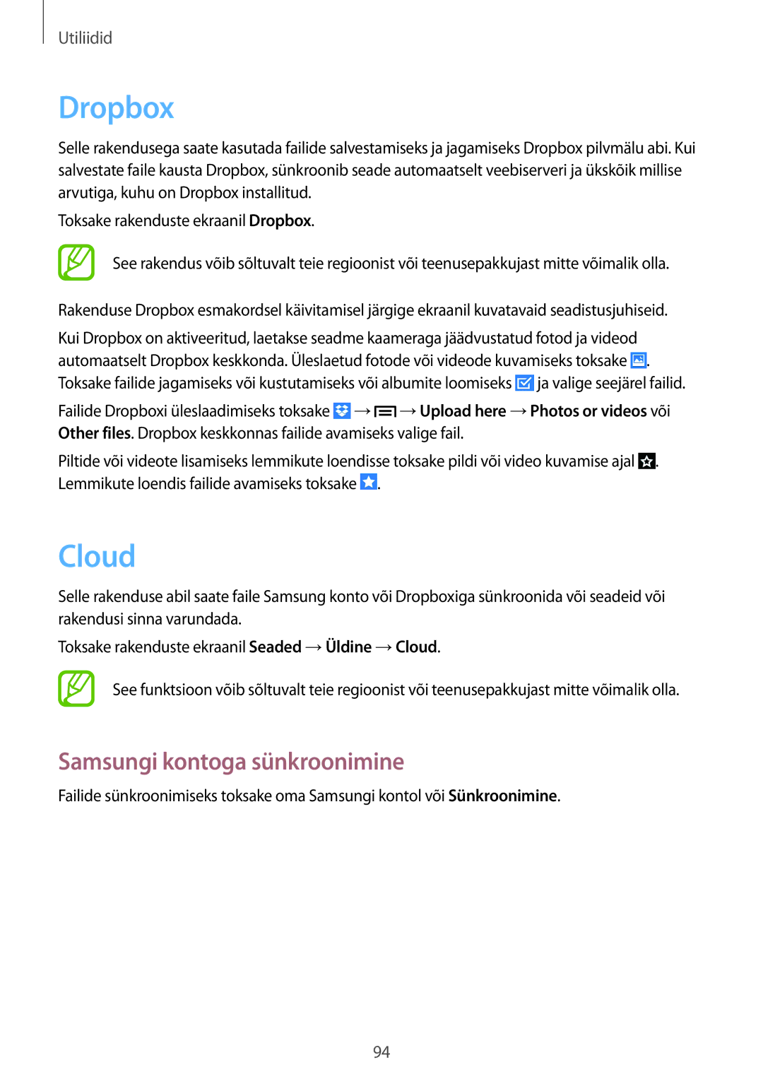 Samsung SM-P6000ZWASEB, SM-P6000ZWESEB, SM-P6000ZKASEB, SM-P6000ZKESEB manual Dropbox, Cloud, Samsungi kontoga sünkroonimine 