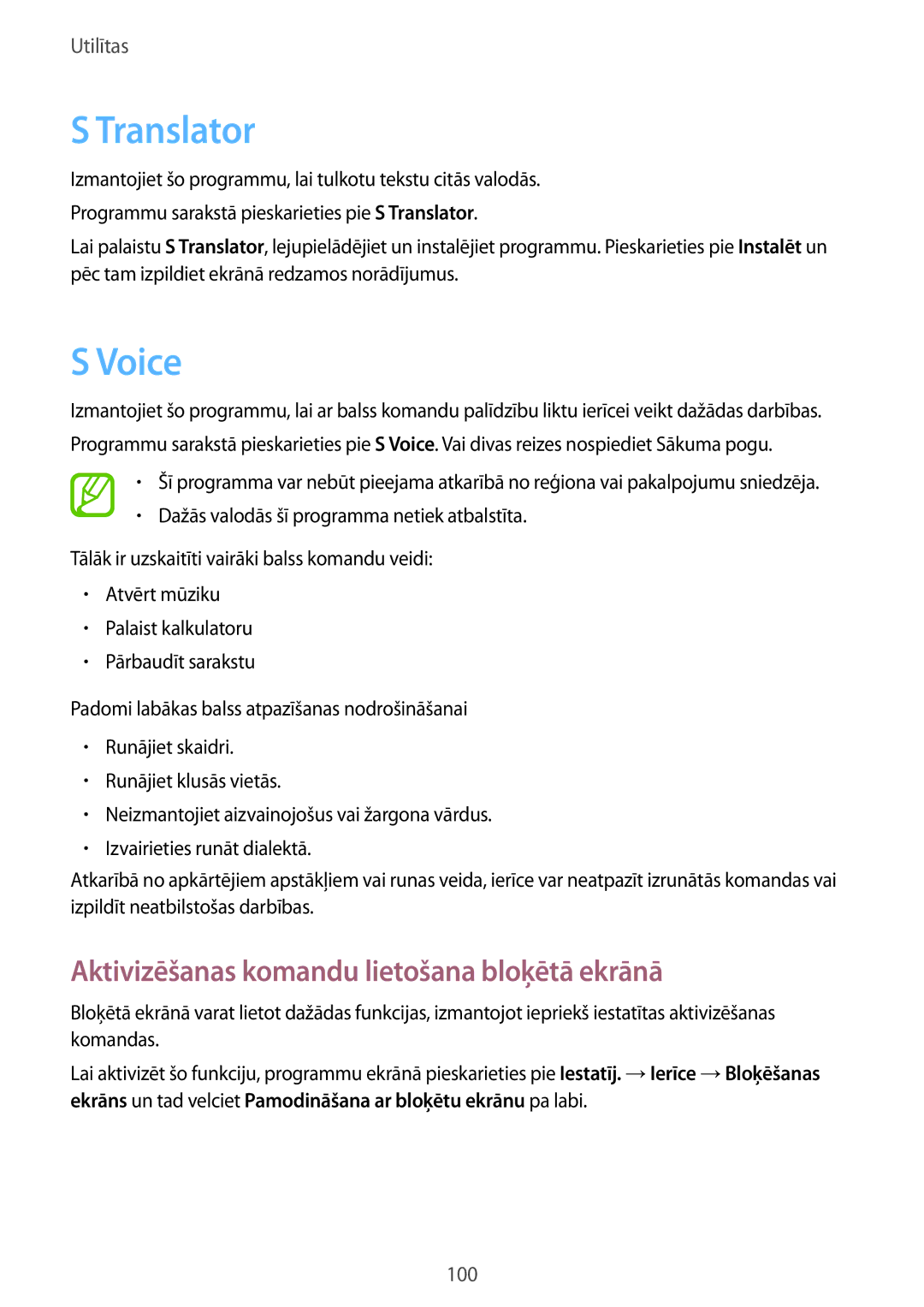 Samsung SM-P6000ZWESEB, SM-P6000ZKASEB, SM-P6000ZWASEB Translator, Voice, Aktivizēšanas komandu lietošana bloķētā ekrānā 