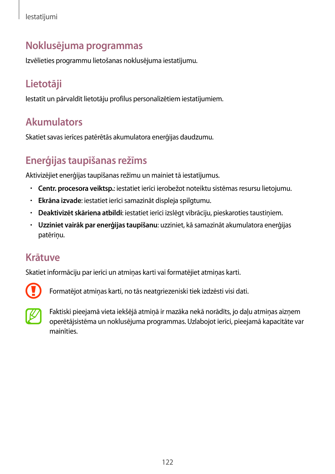 Samsung SM-P6000ZWASEB manual Noklusējuma programmas, Lietotāji, Akumulators, Enerģijas taupīšanas režīms, Krātuve 