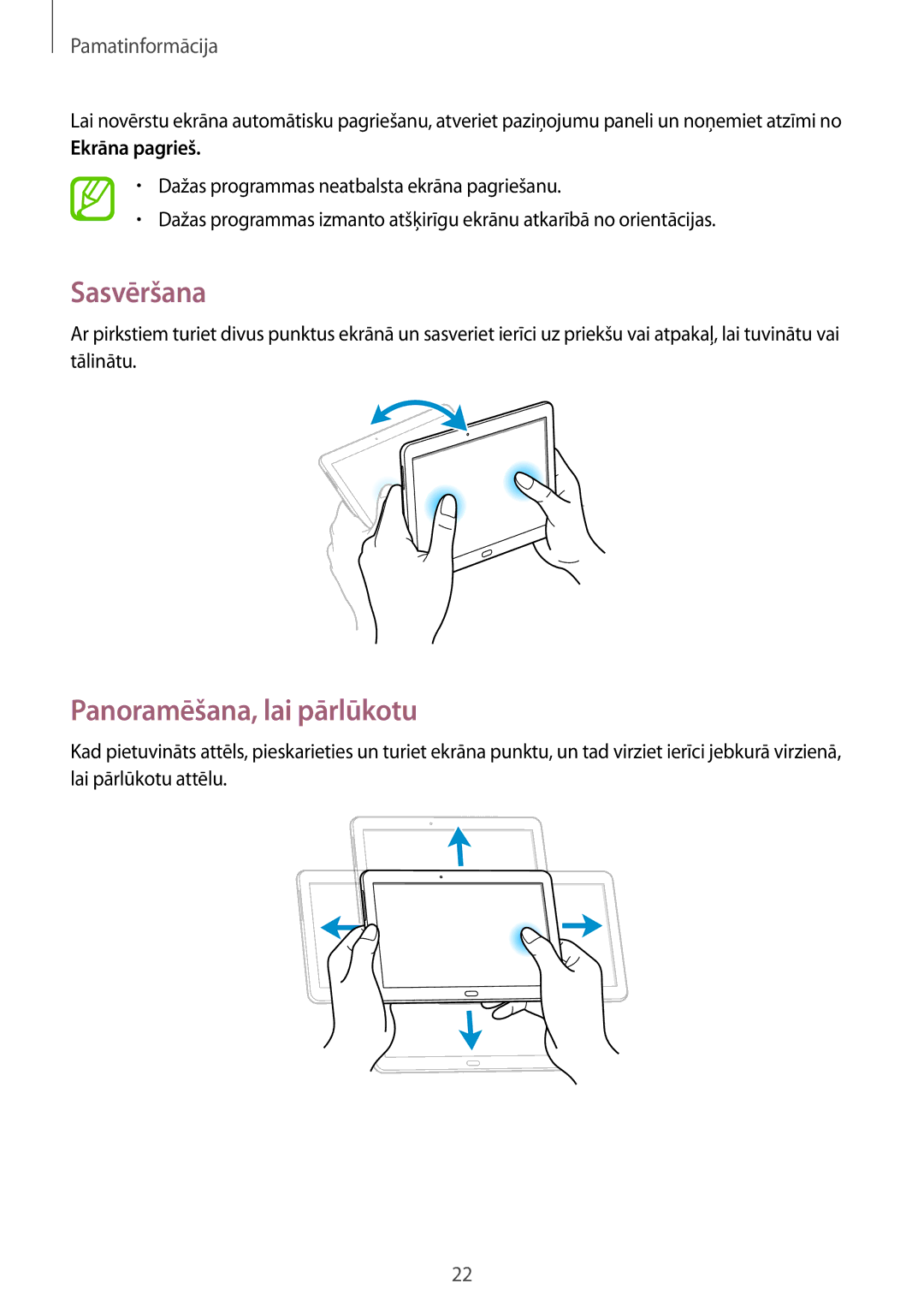 Samsung SM-P6000ZWASEB, SM-P6000ZWESEB, SM-P6000ZKASEB manual Sasvēršana, Panoramēšana, lai pārlūkotu, Ekrāna pagrieš 