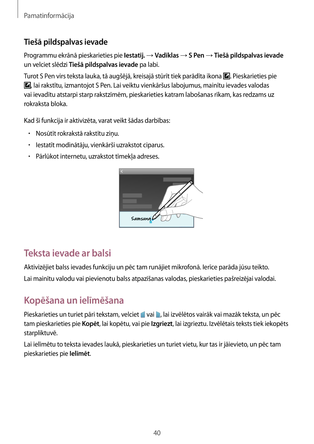 Samsung SM-P6000ZWESEB, SM-P6000ZKASEB manual Teksta ievade ar balsi, Kopēšana un ielīmēšana, Tiešā pildspalvas ievade 