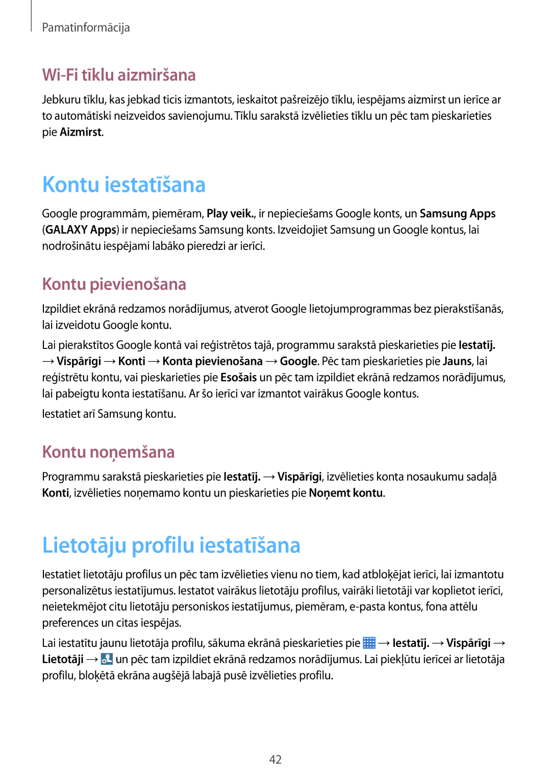 Samsung SM-P6000ZWASEB manual Kontu iestatīšana, Lietotāju profilu iestatīšana, Wi-Fi tīklu aizmiršana, Kontu pievienošana 