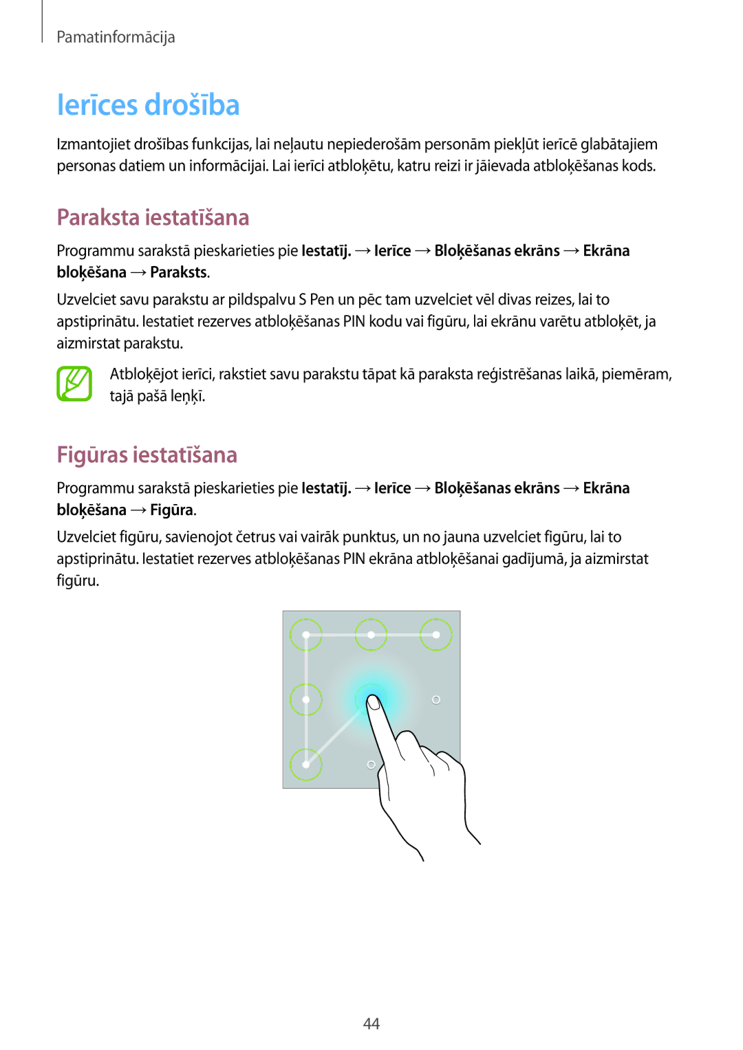 Samsung SM-P6000ZWESEB, SM-P6000ZKASEB, SM-P6000ZWASEB manual Ierīces drošība, Paraksta iestatīšana, Figūras iestatīšana 