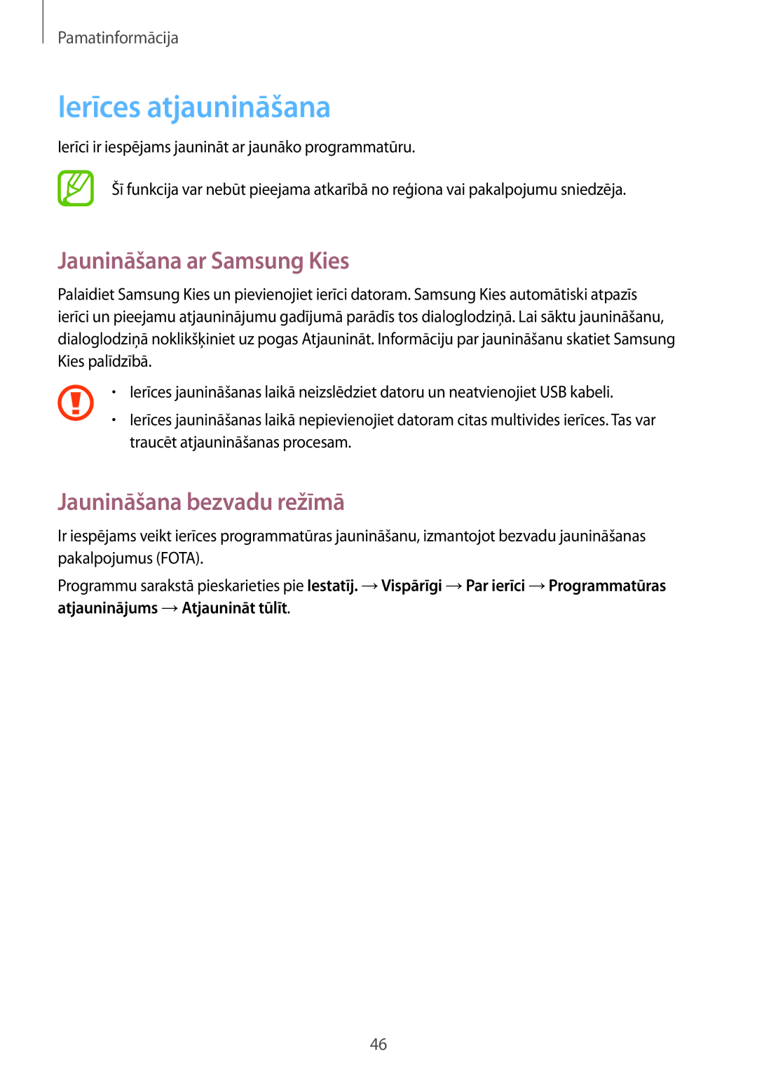 Samsung SM-P6000ZWASEB, SM-P6000ZWESEB manual Ierīces atjaunināšana, Jaunināšana ar Samsung Kies, Jaunināšana bezvadu režīmā 