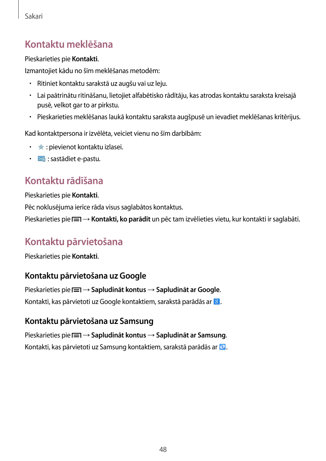 Samsung SM-P6000ZWESEB, SM-P6000ZKASEB manual Kontaktu meklēšana, Kontaktu rādīšana, Kontaktu pārvietošana uz Google 