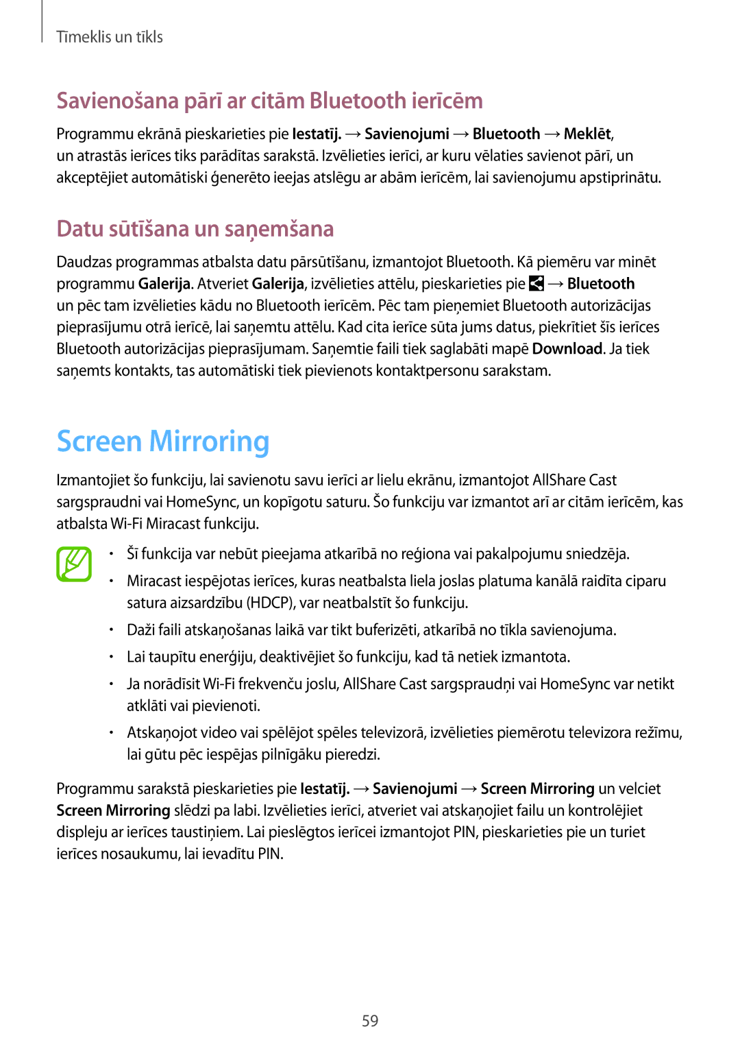 Samsung SM-P6000ZKESEB manual Screen Mirroring, Savienošana pārī ar citām Bluetooth ierīcēm, Datu sūtīšana un saņemšana 