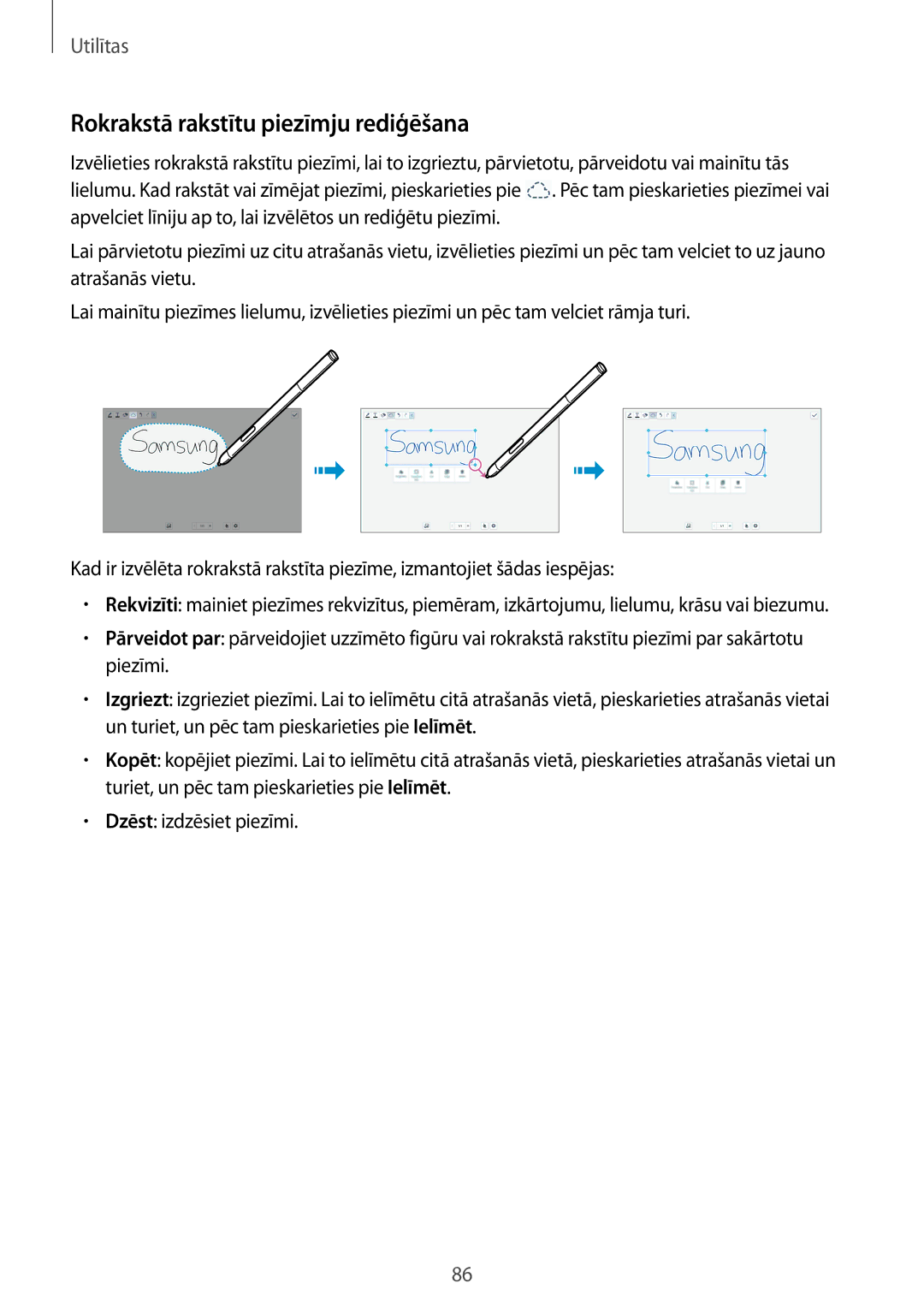 Samsung SM-P6000ZWASEB, SM-P6000ZWESEB, SM-P6000ZKASEB, SM-P6000ZKESEB manual Rokrakstā rakstītu piezīmju rediģēšana 