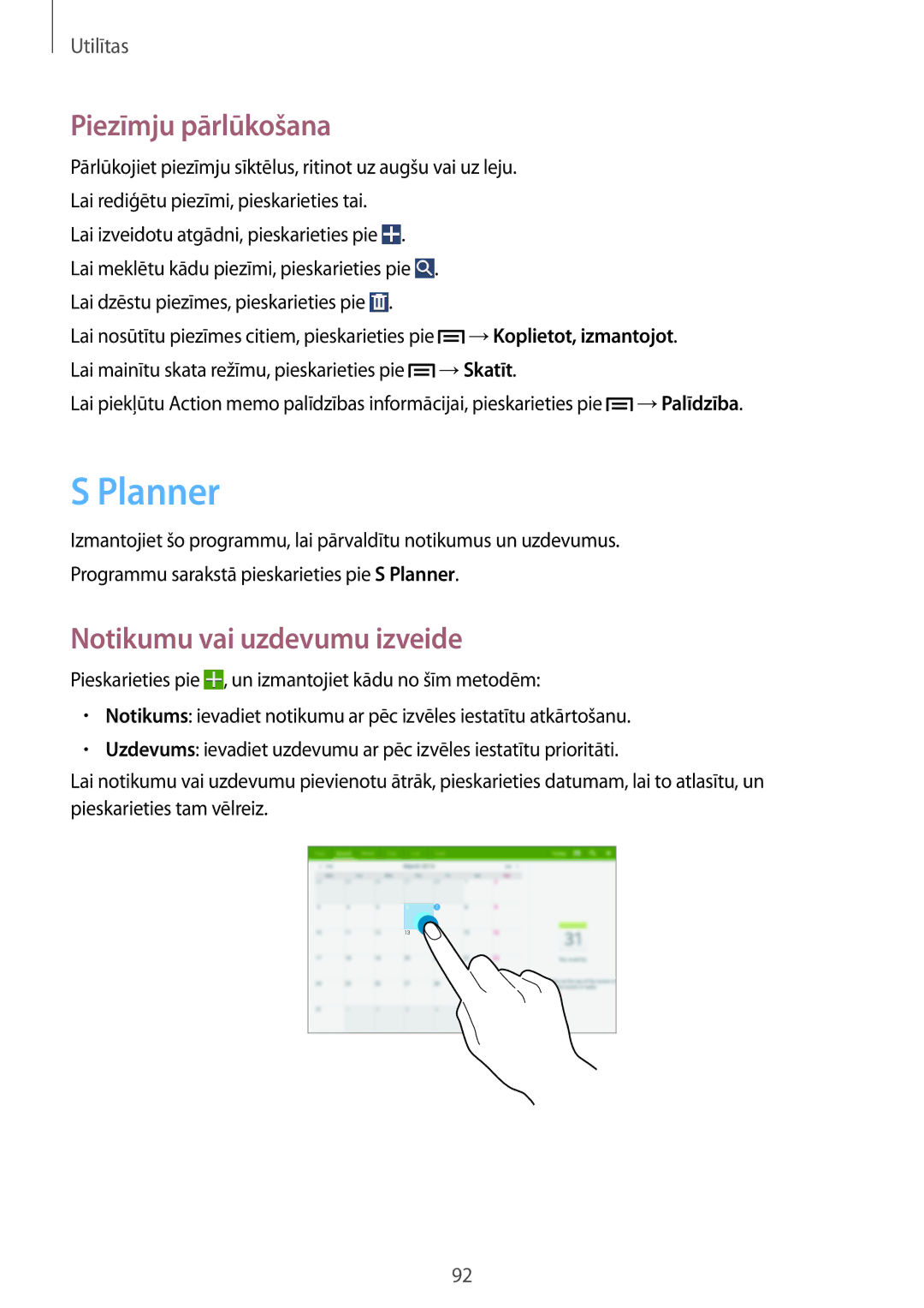 Samsung SM-P6000ZWESEB manual Planner, Piezīmju pārlūkošana, Notikumu vai uzdevumu izveide, →Koplietot, izmantojot, →Skatīt 