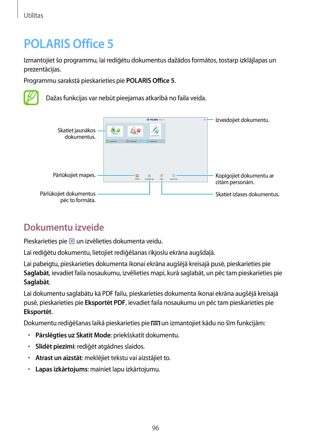 Samsung SM-P6000ZWESEB manual Polaris Office, Dokumentu izveide, Pārslēgties uz Skatīt Mode priekšskatīt dokumentu 