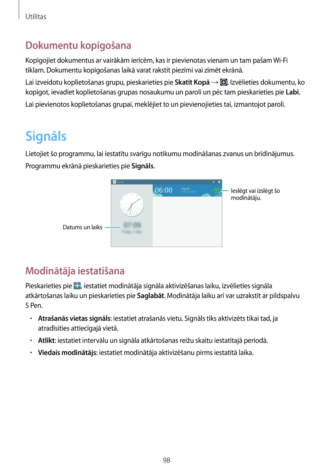 Samsung SM-P6000ZWASEB, SM-P6000ZWESEB, SM-P6000ZKASEB, SM-P6000ZKESEB Signāls, Dokumentu kopīgošana, Modinātāja iestatīšana 