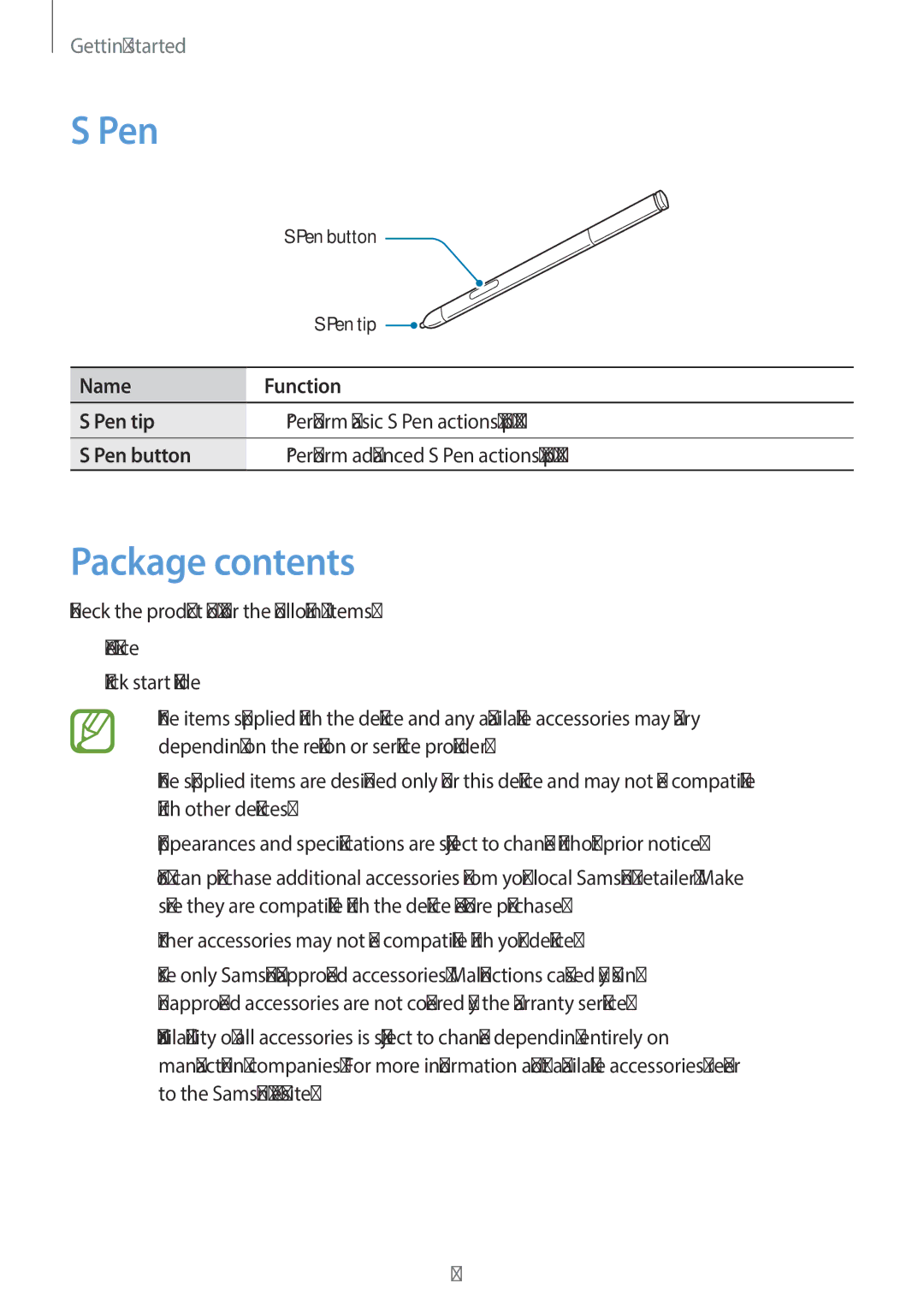 Samsung SM-P6010ZKAXXV, SM-P6010ZWAXXV, SM-P6010ZKESER, SM-P6010ZKAMGF, SM-P6010ZKASER, SM-P6010ZKEMGF Pen, Package contents 