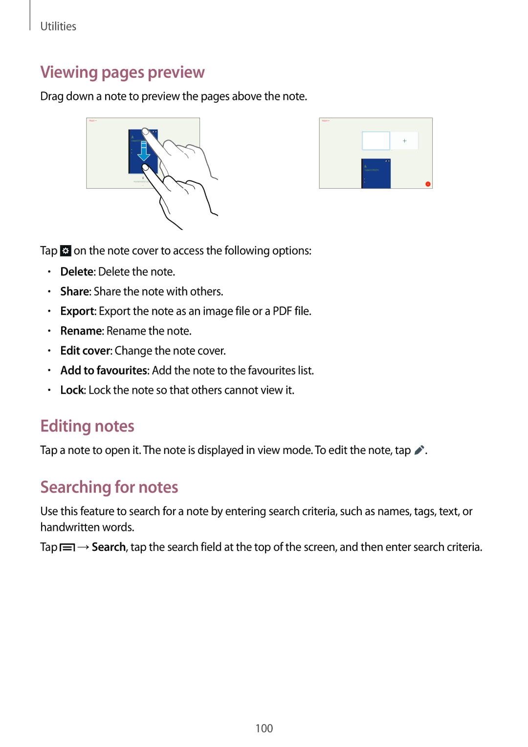 Samsung SM-P6010ZKAXXV, SM-P6010ZWAXXV, SM-P6010ZKESER manual Viewing pages preview, Editing notes, Searching for notes 