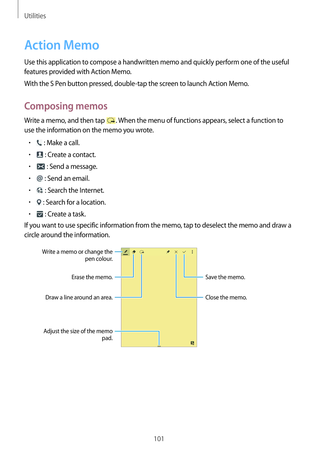 Samsung SM-P6010ZWAXXV, SM-P6010ZKAXXV, SM-P6010ZKESER, SM-P6010ZKAMGF, SM-P6010ZKASER manual Action Memo, Composing memos 