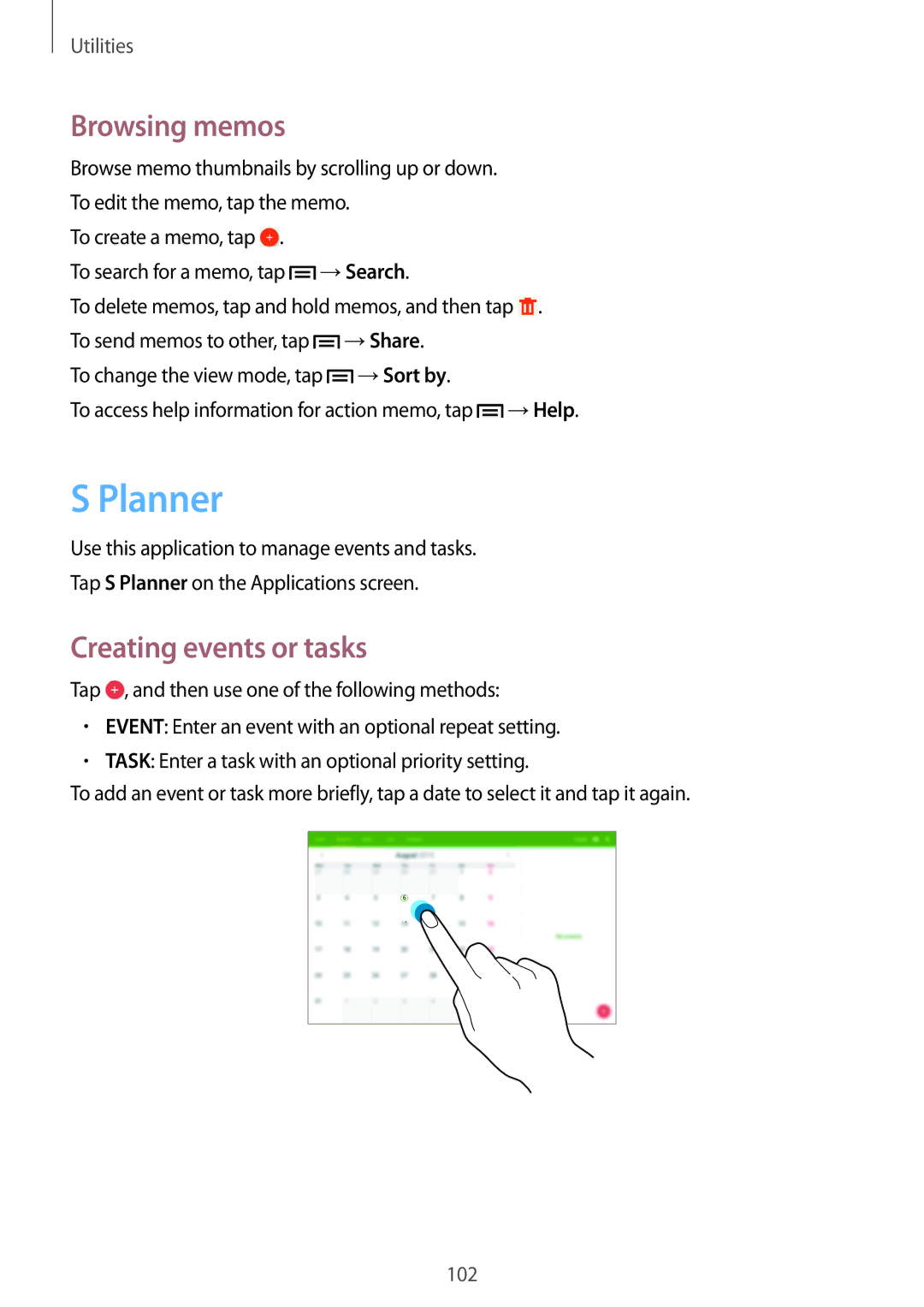 Samsung SM-P6010ZKESER, SM-P6010ZKAXXV, SM-P6010ZWAXXV, SM-P6010ZKAMGF Planner, Browsing memos, Creating events or tasks 