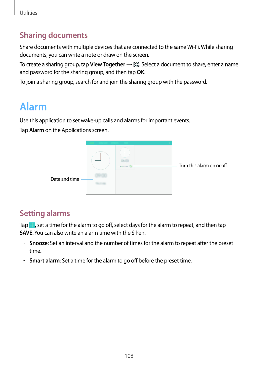 Samsung SM-P6010ZWEMGF, SM-P6010ZKAXXV, SM-P6010ZWAXXV, SM-P6010ZKESER manual Alarm, Sharing documents, Setting alarms 