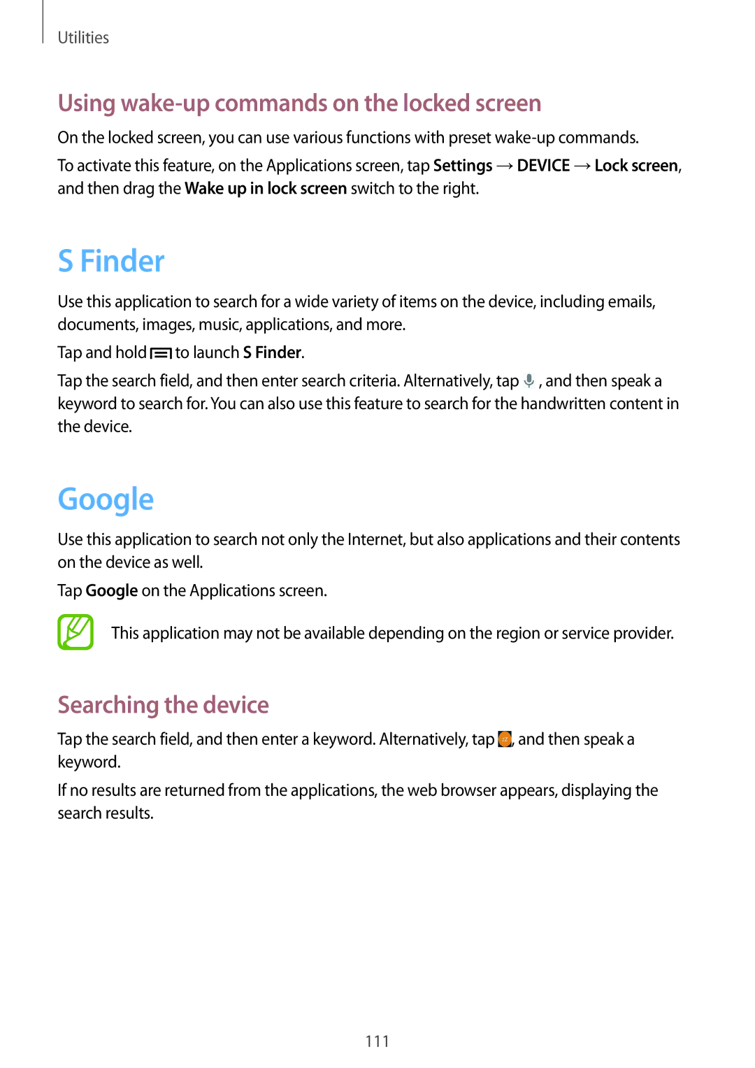 Samsung SM-P6010ZWAXXV, SM-P6010ZKAXXV Finder, Google, Using wake-up commands on the locked screen, Searching the device 